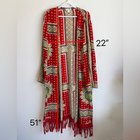 Band of Gypsies Red Boho Long Cardigan with Crochet and fringes - Picture 11 of 12